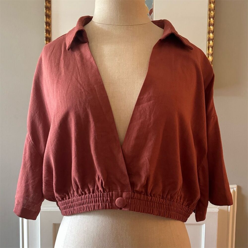 SHEIN Women's Cropped V Neck Blouse Rust Brown Size Large 3/4 Sleeve